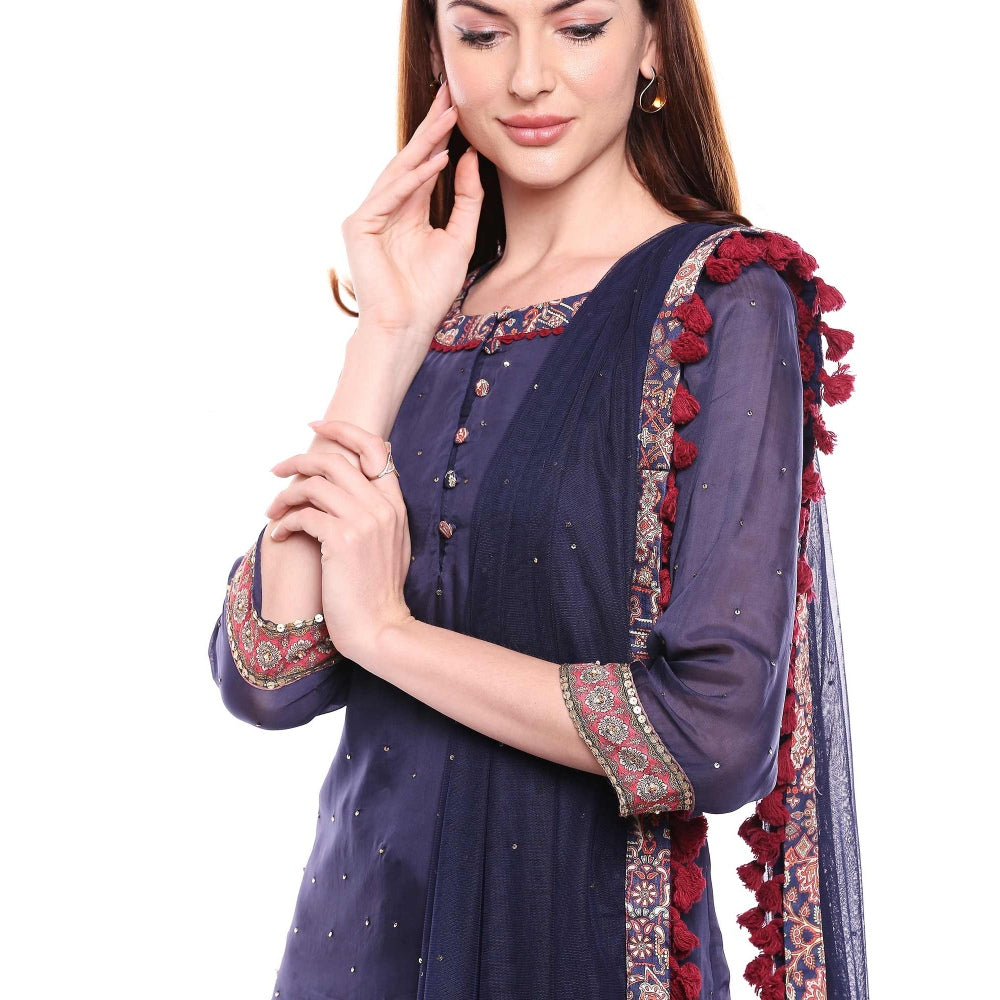 Soup by Sougat Paul Navy Blue Kurta With Pant & Dupatta - Customisable (Set of 3)