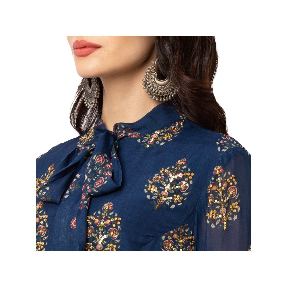 Soup by Sougat Paul Navy Blue Embroidered Pants And Top (Set of 2)