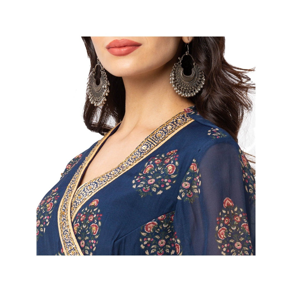 Soup by Sougat Paul Navy Blue Printed Wrap Top With Peplum (Set of 2)