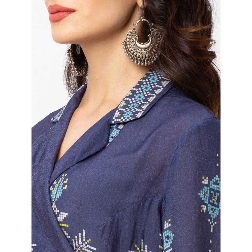 Soup by Sougat Paul Dark Blue Printed Overlap Kurta With Pants (Set of 2)