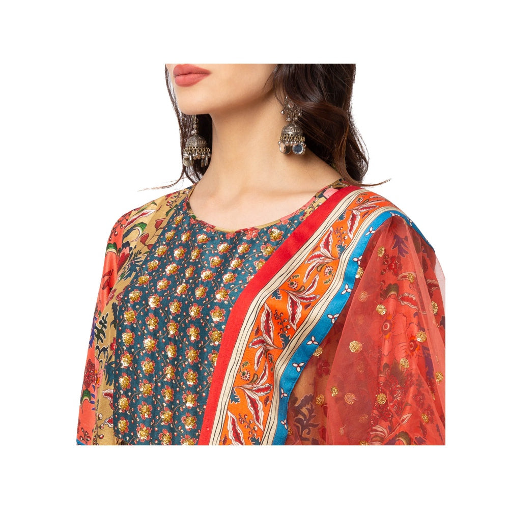 Soup by Sougat Paul Red Floral Front Pleated Kurta With Dupatta (Set of 3)