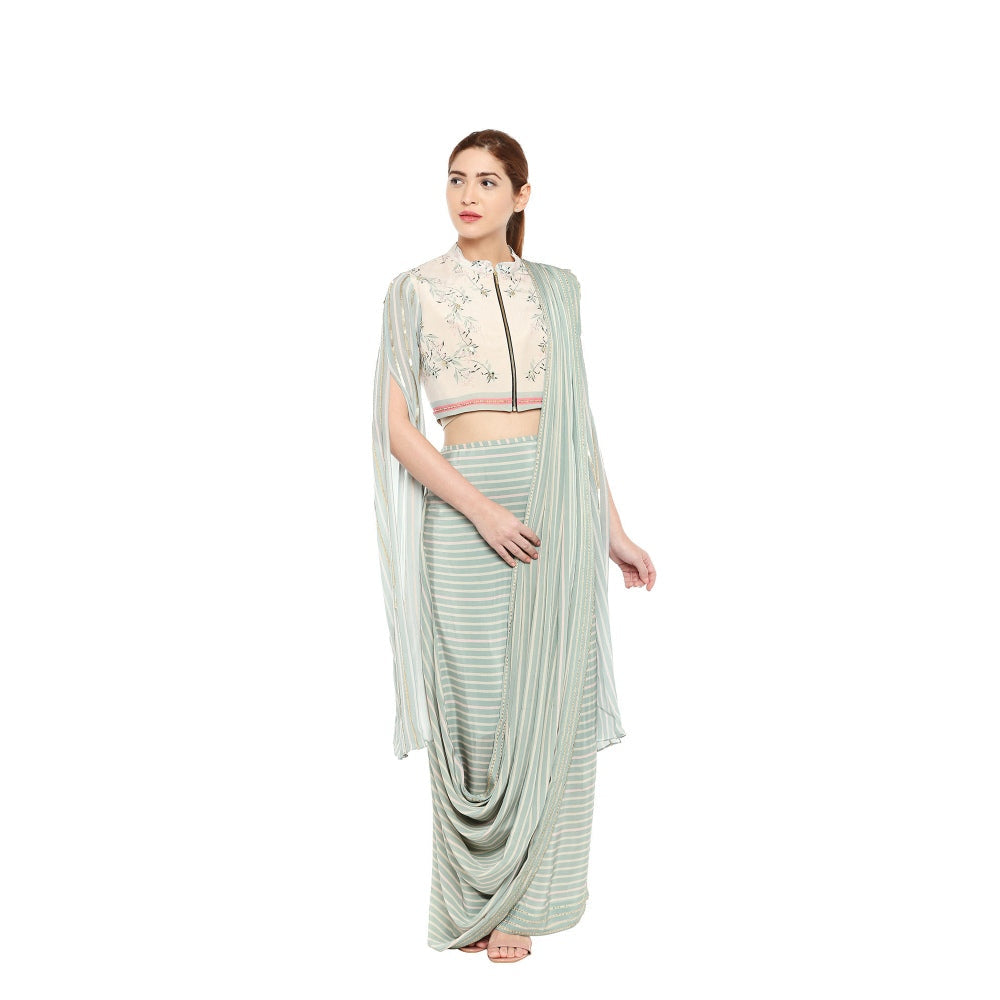 Soup by Sougat Paul Floral Printed Jacket Blouse With Drape Saree - Customisable (Set of 2)