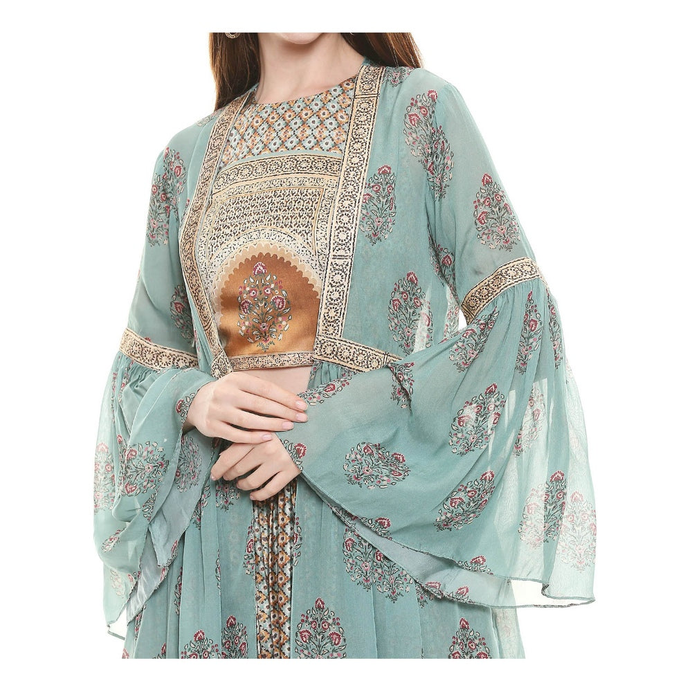 Soup by Sougat Paul Sage Green Printed Crop Top With Jacket & Pant (Set of 3)