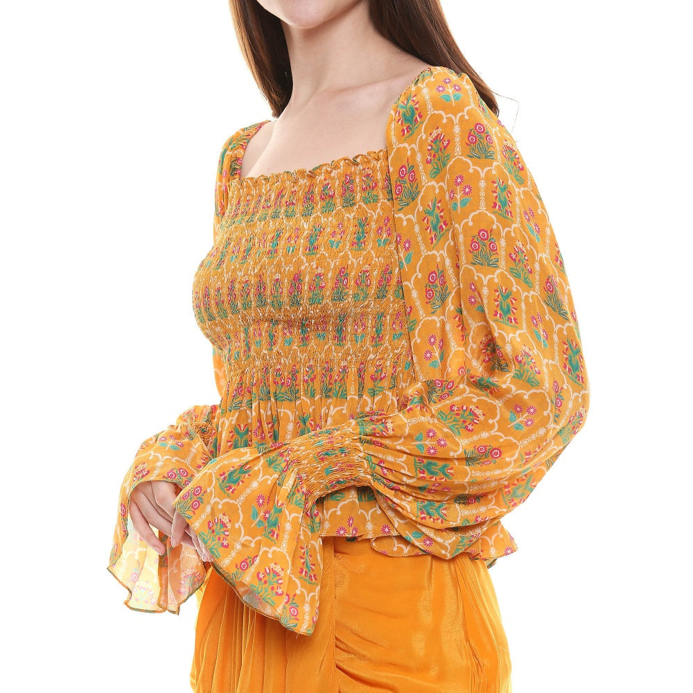 Soup by Sougat Paul Mustard Embroidered Drape Skirt With Top (Set of 2)