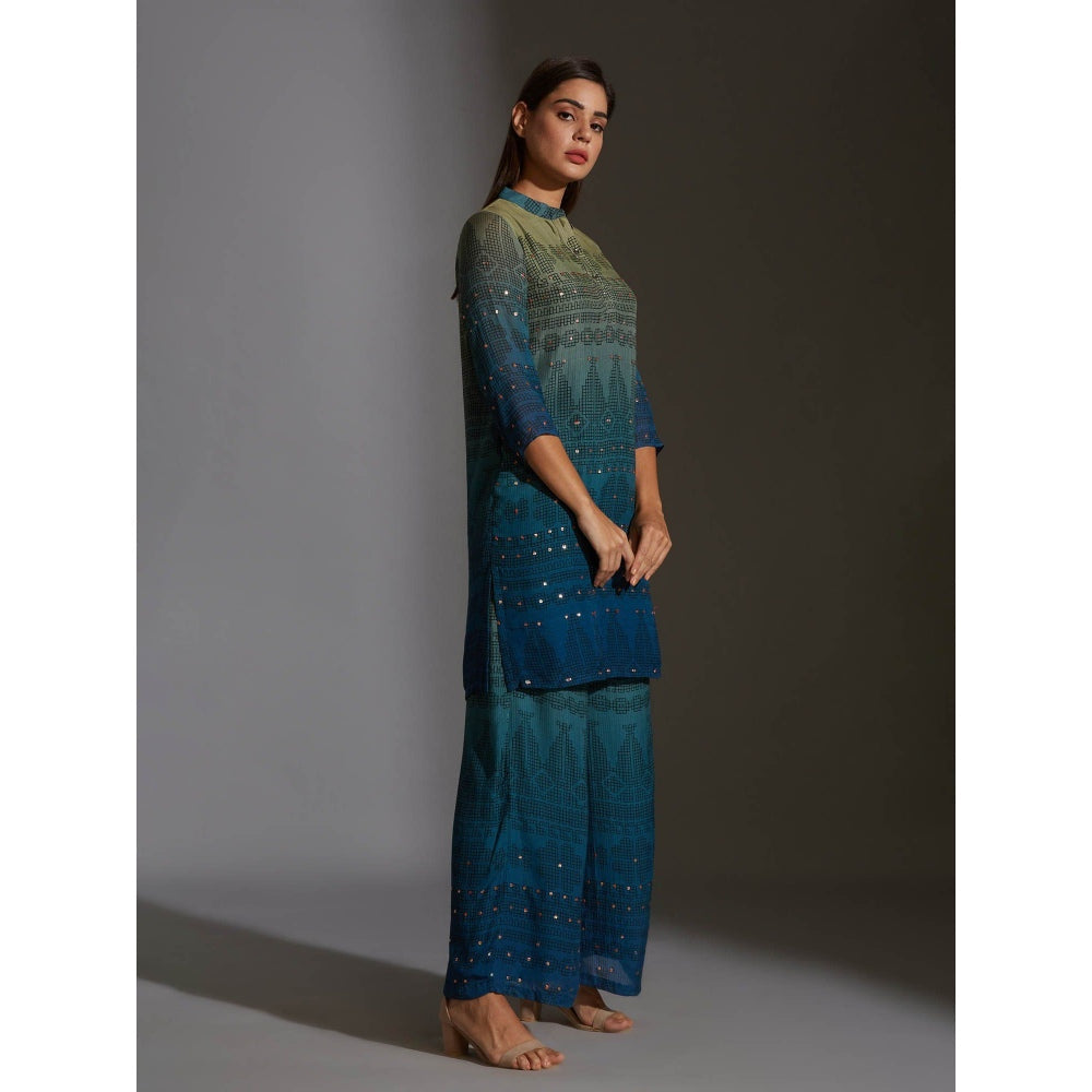 Soup By Sougat Paul Kurta With Side Slits And Pants With Mirror Work Embroidery (Set of 2)