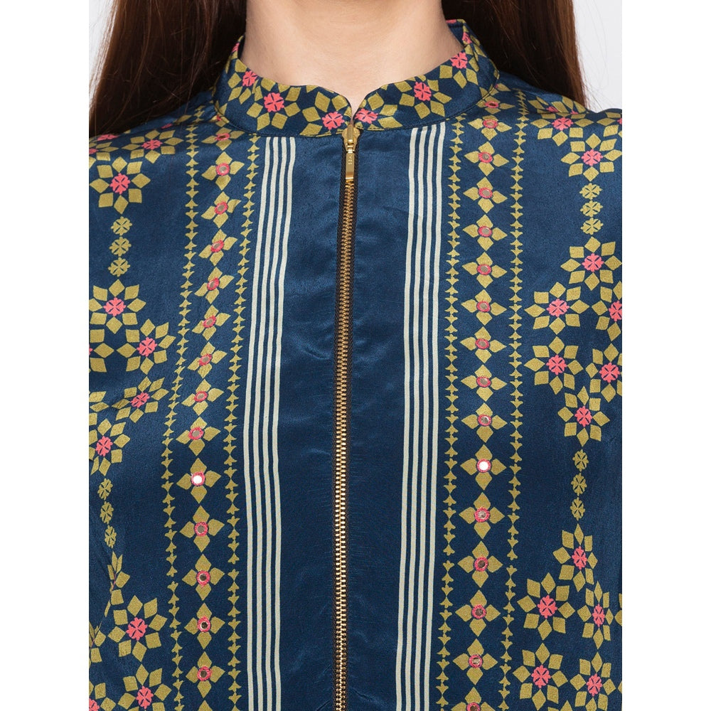 Soup by Sougat Paul Teal Printed Drape Skirt With Jacket - Customisable (Set of 2)