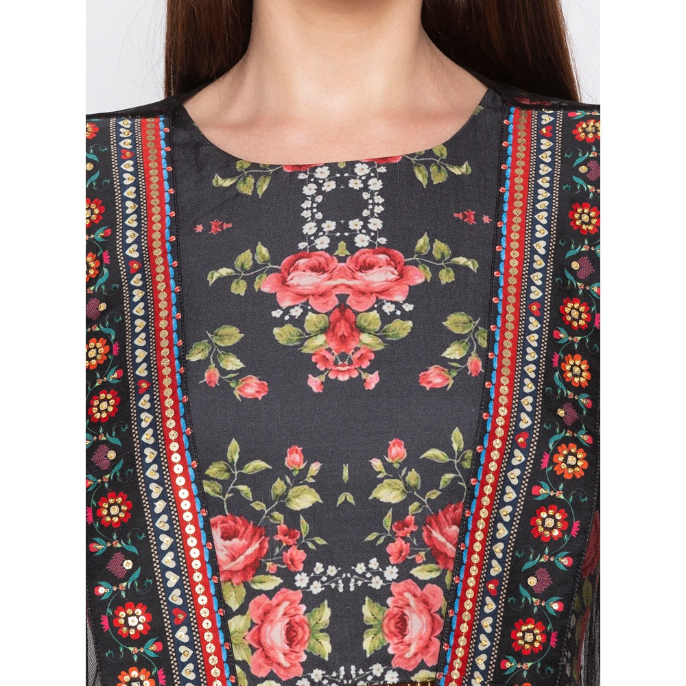 Soup by Sougat Paul Black Floral Printed Crop Top With Flared Pants And Jacket (Set of 3)