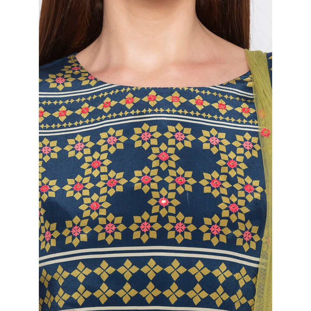 Soup by Sougat Paul Navy Blue Printed Crop Top With Drape Skirt And Dupatta (Set of 3)