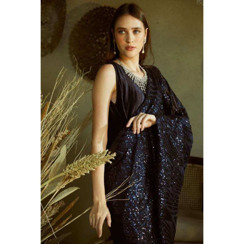 TASUVURE Idyllic Adorned Gown Saree with Sequence Palla - Midnight Navy Blue