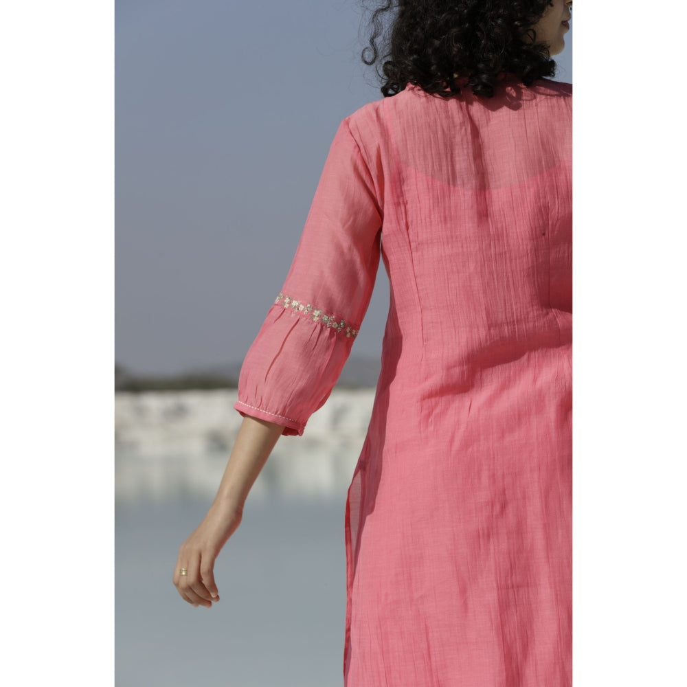 Tatwa Designs Coral Pink Pintuck Yoke Kurta (Set of 3)