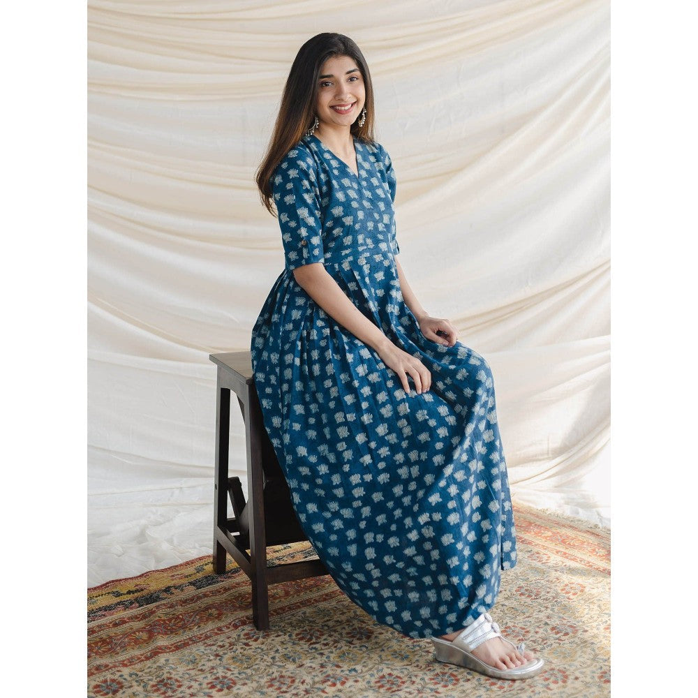 The Indian Ethnic Co. Blue A-Line Slub Cotton Maxi Dress