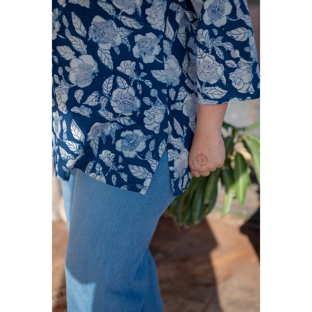 The Indian Ethnic Co. Floral Indigo Dabu Cotton Short Top