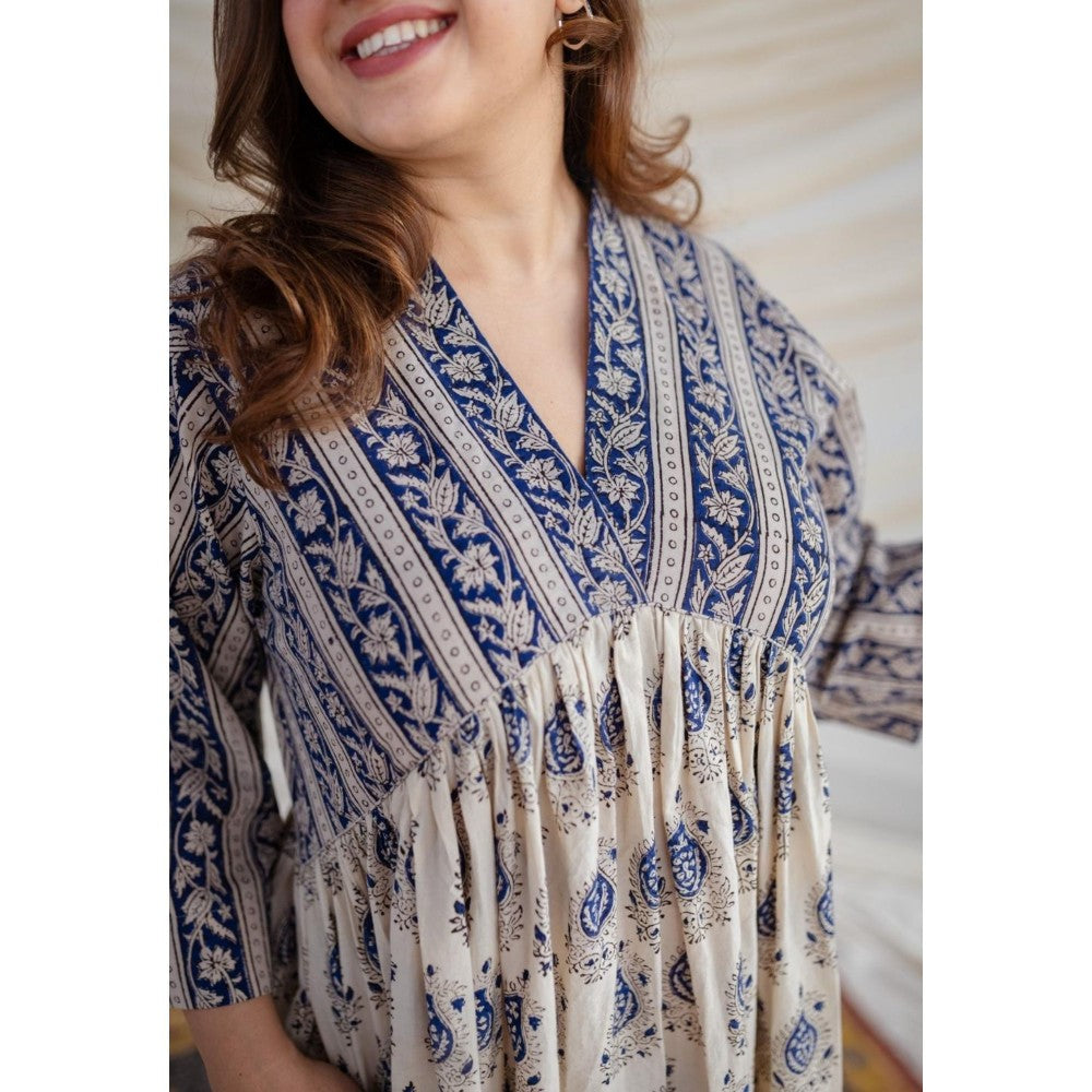 The Indian Ethnic Co. Blue Bagru Cotton Dress