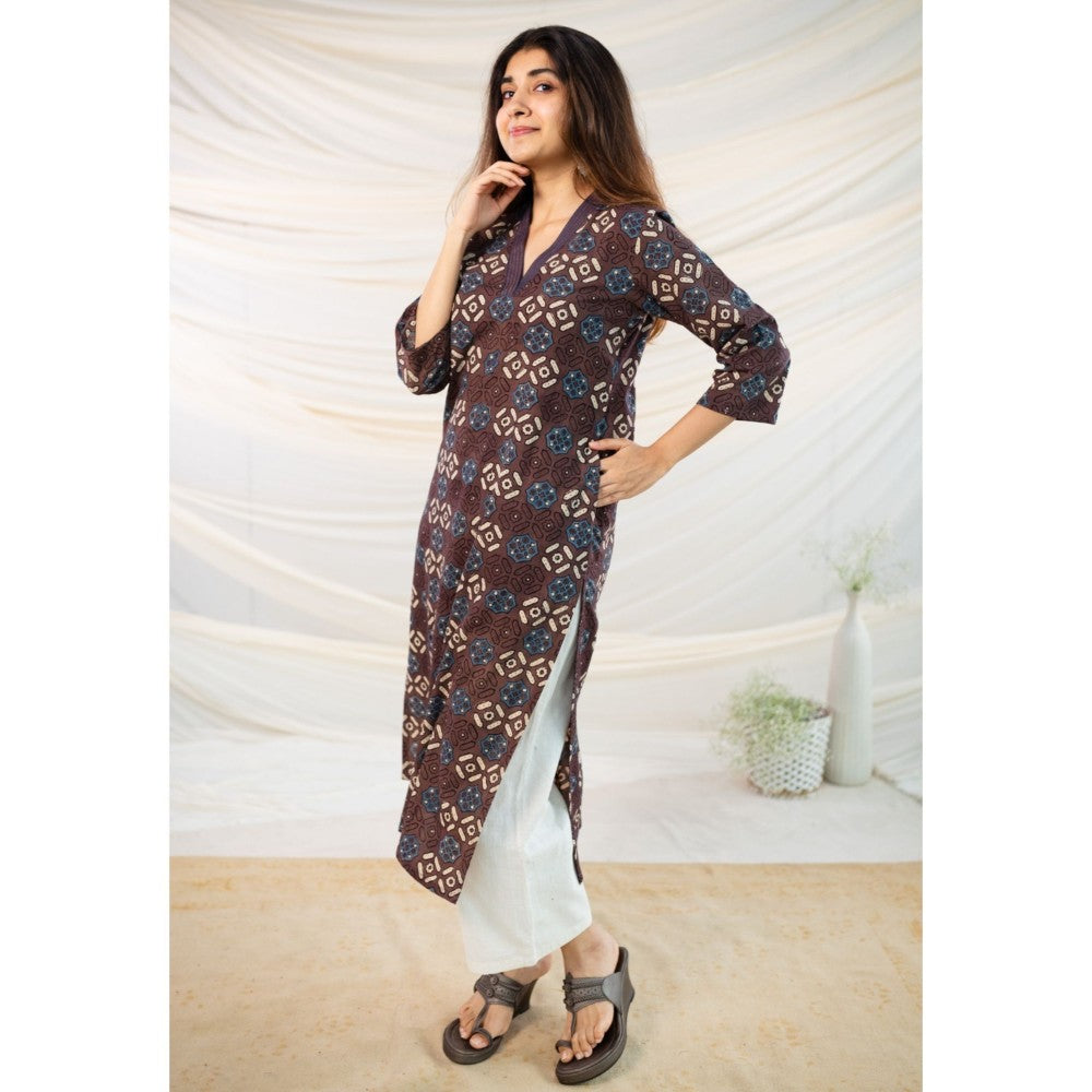 The Indian Ethnic Co. Brown Ajrakh Straight Cotton Kurta