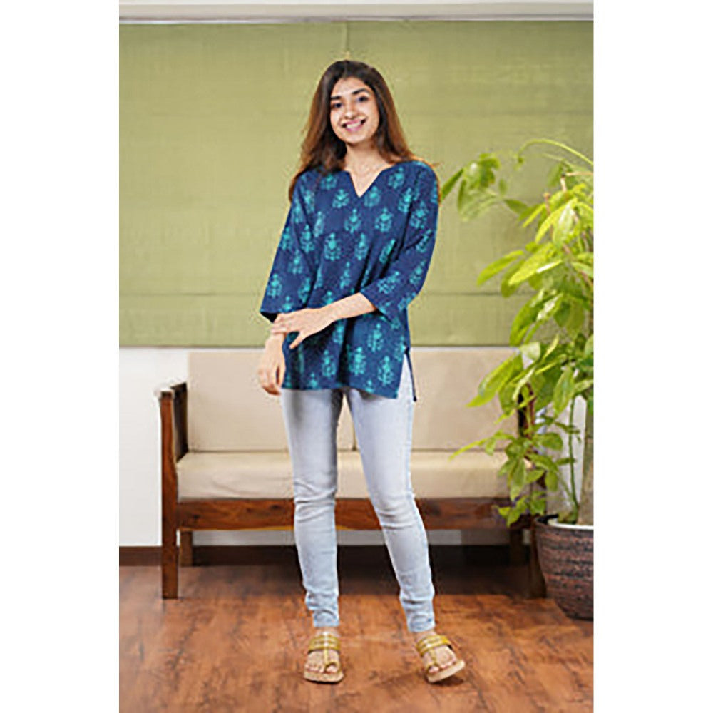 The Indian Ethnic Co. Reva Dabu Teal Cotton Short Kurti