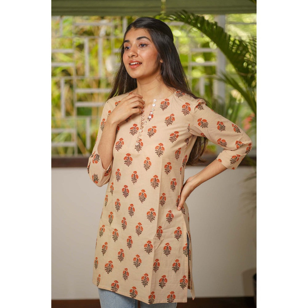 The Indian Ethnic Co. Beige Bagru Short Kurti