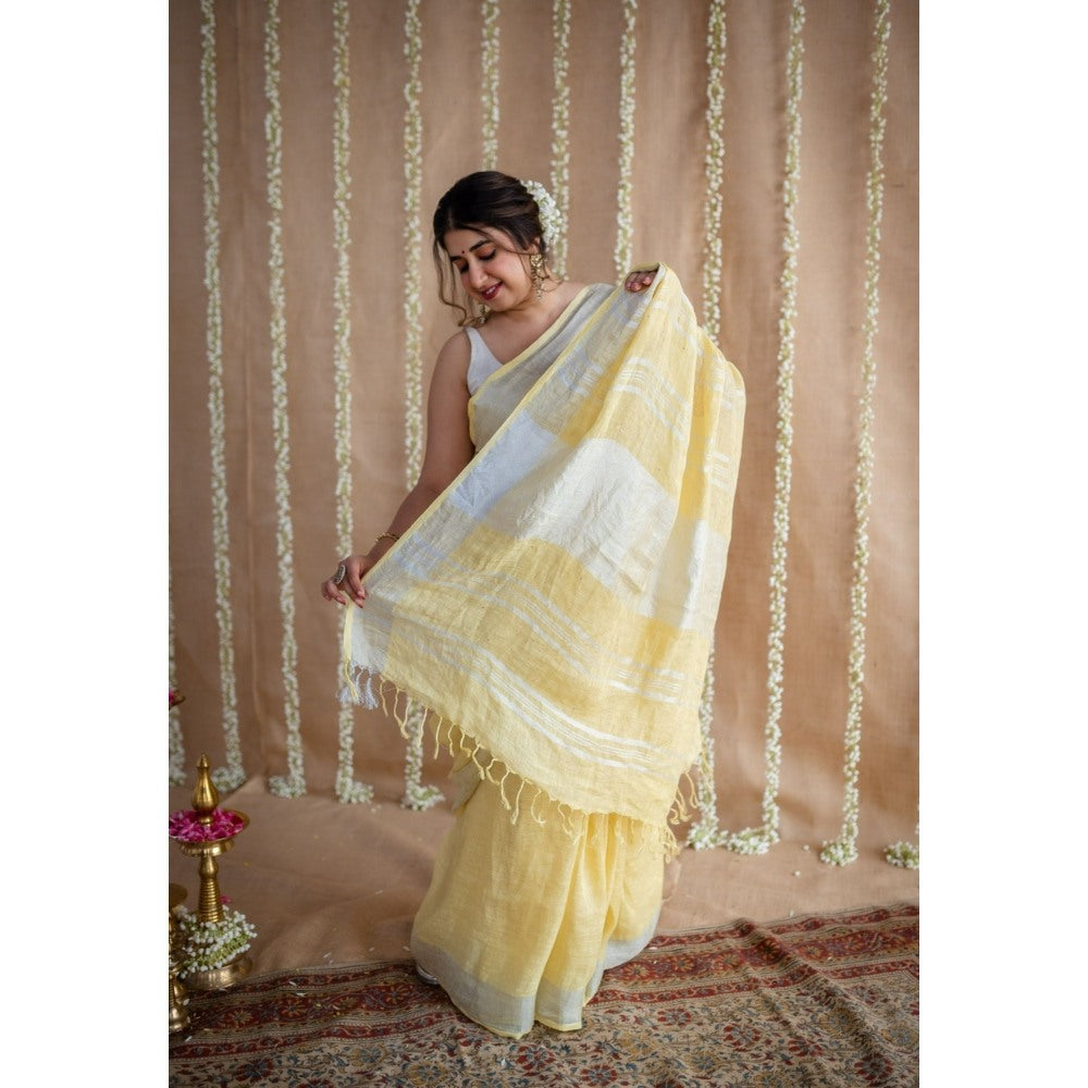 The Indian Ethnic Co. Yellow Silver Zari Border Saree & Unstitched with Mukaish Detailing