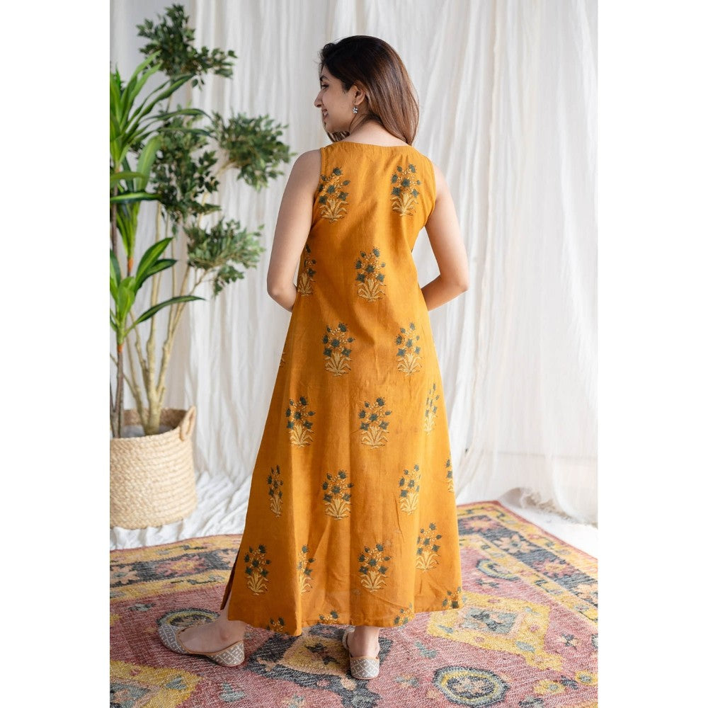 The Indian Ethnic Co. Mustard Ajrakh Cotton Dress