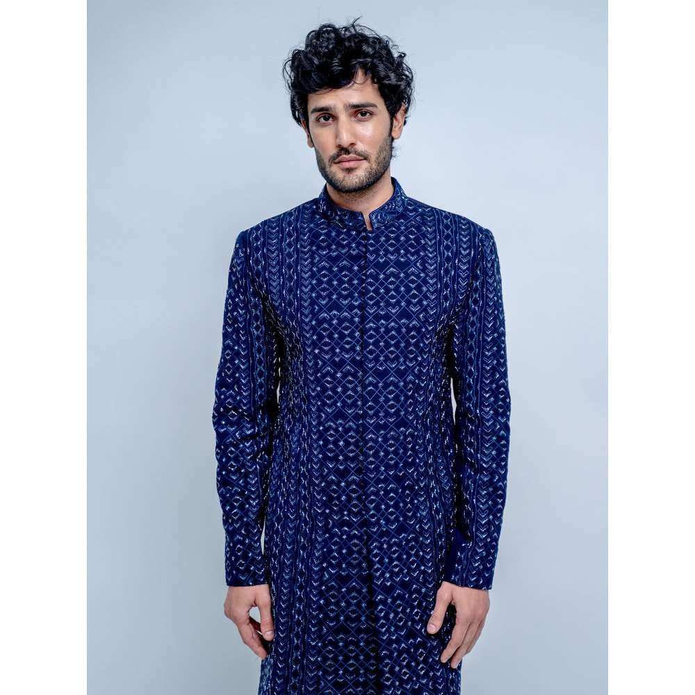 Varun Chakkilam Sapphire Blue Geometric Sherwani with Pant (Set of 2)