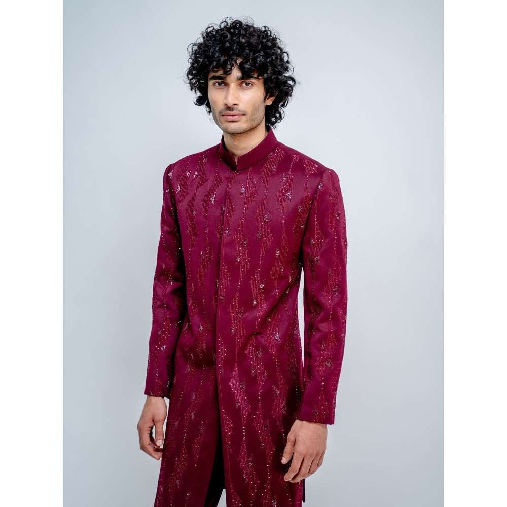 Varun Chakkilam Maroon Geometric Sherwani with Pant (Set of 2)