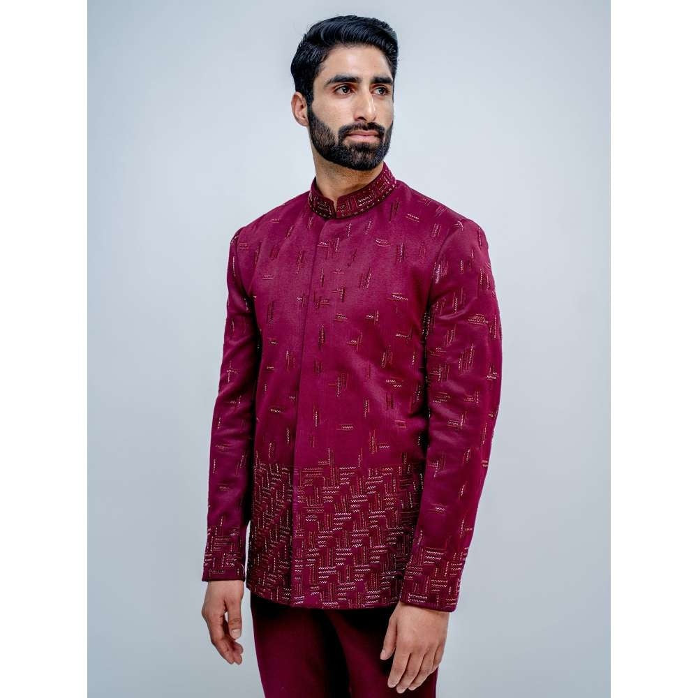 Varun Chakkilam Maroon Dispersed Bandhgala with Pant (Set of 2)