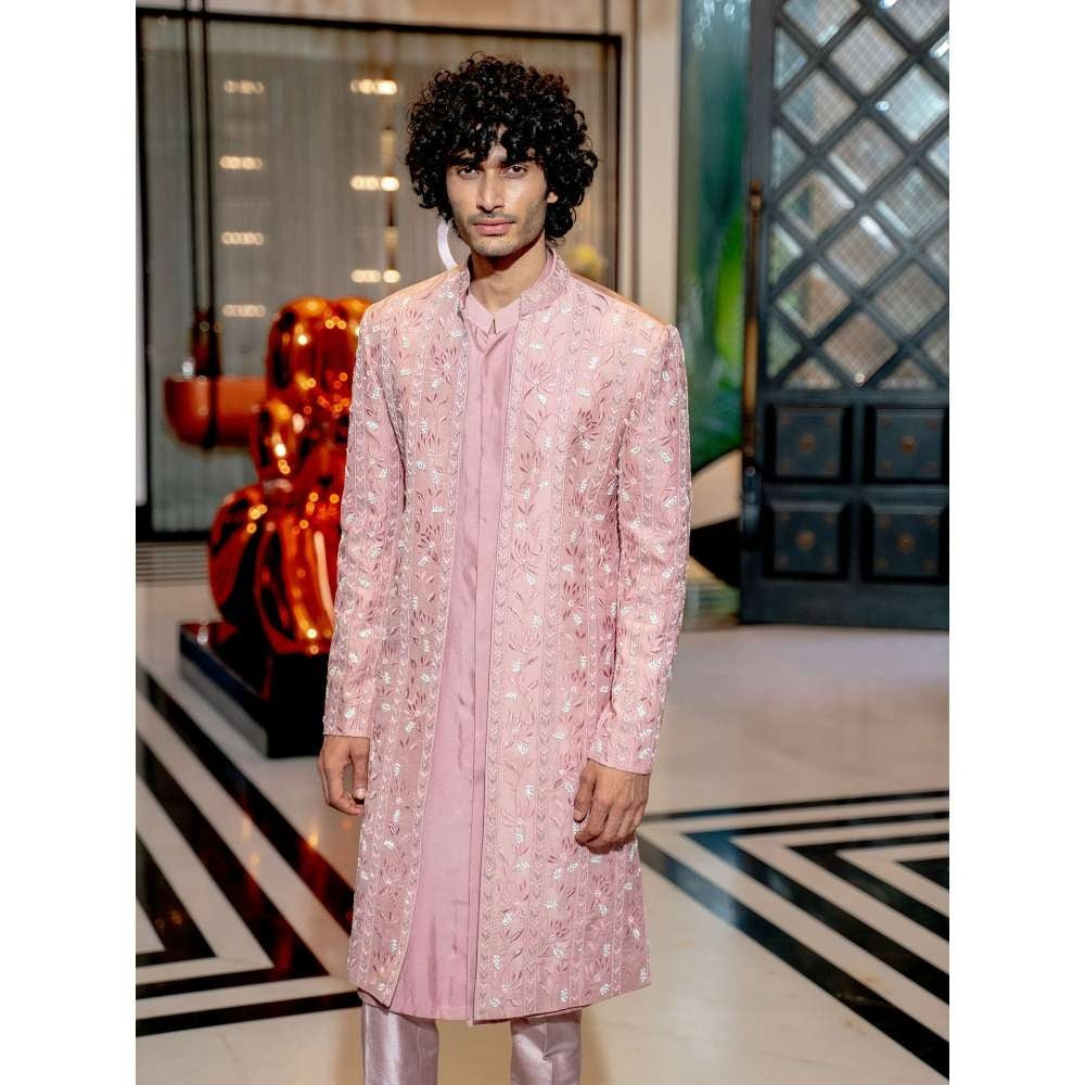 Varun Chakkilam Onion Pink Neo Floral Kurta with Open Jacket and Pant (Set of 3)