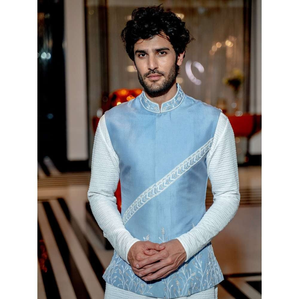 Varun Chakkilam Powder Blue Neo-Floral Nehru Jacket with Kurta and Pant (Set of 3)