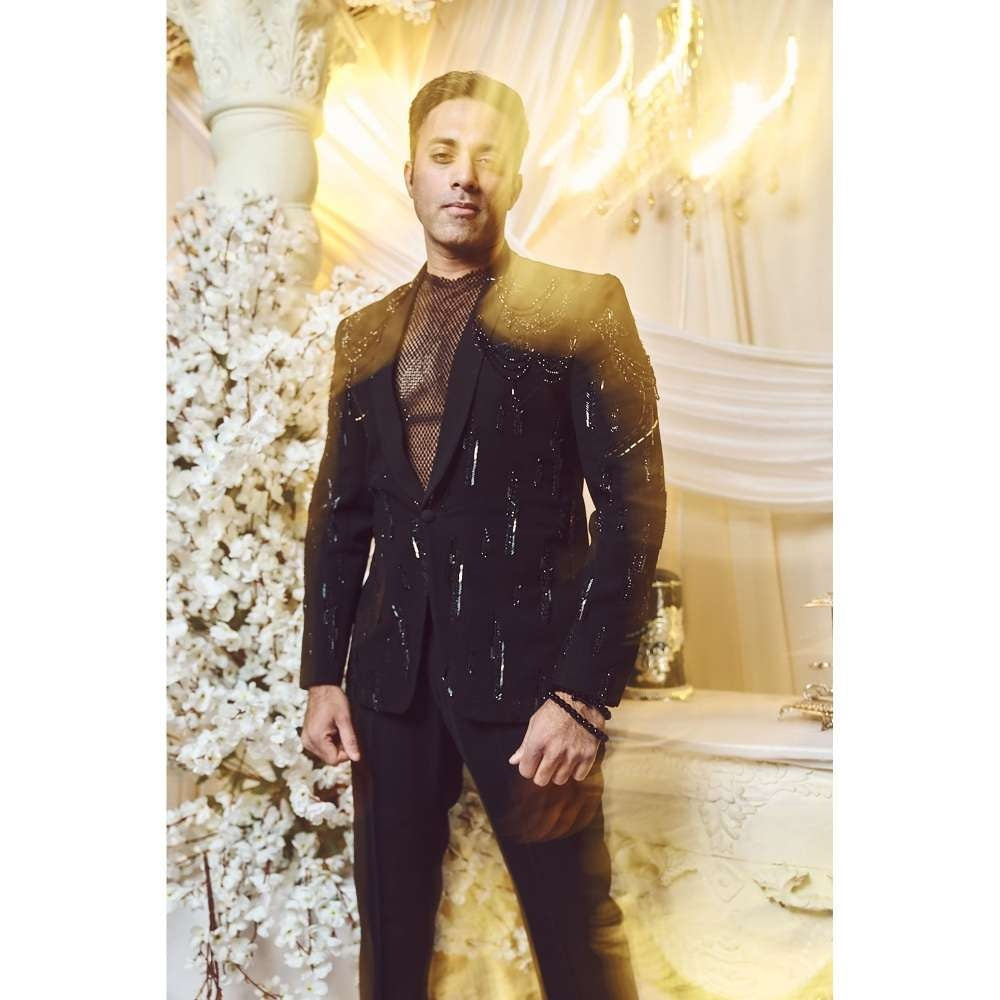 Varun Chakkilam Ebony Black Chandelier Blazer Inner with Trouser (Set of 3)