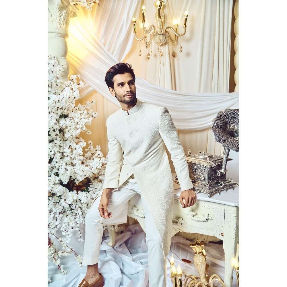 Varun Chakkilam Seashell White Embroidered Sherwani and Trouser (Set of 2)