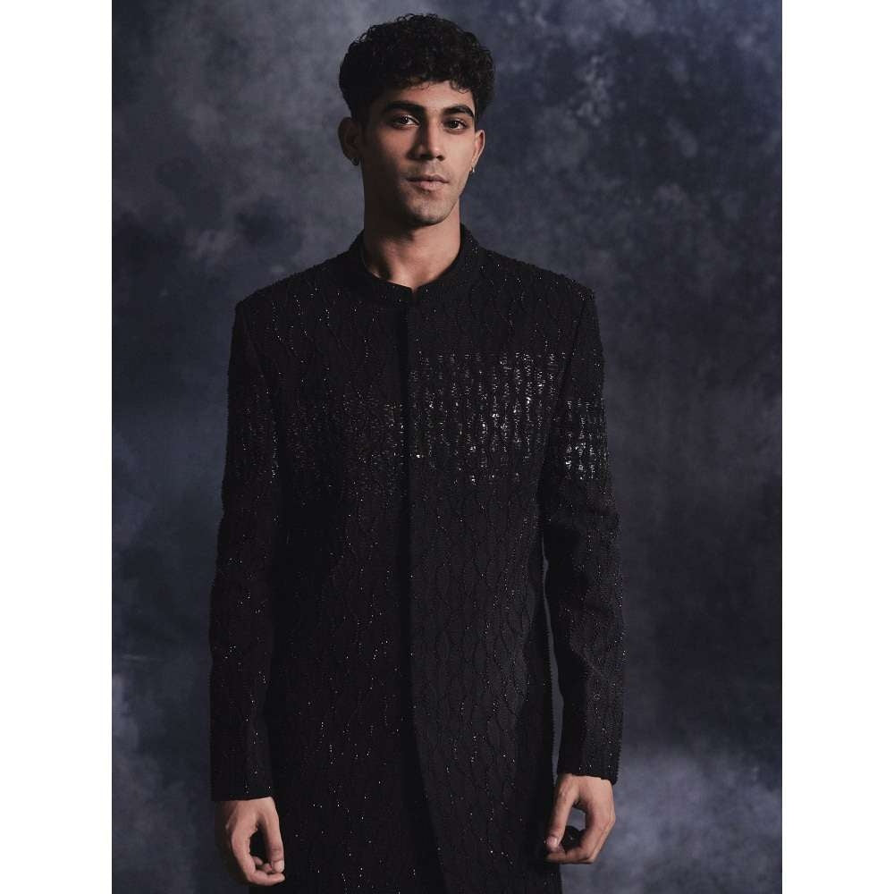 Varun Chakkilam Ebony Black Waves Sherwani and Trouser (Set of 2)