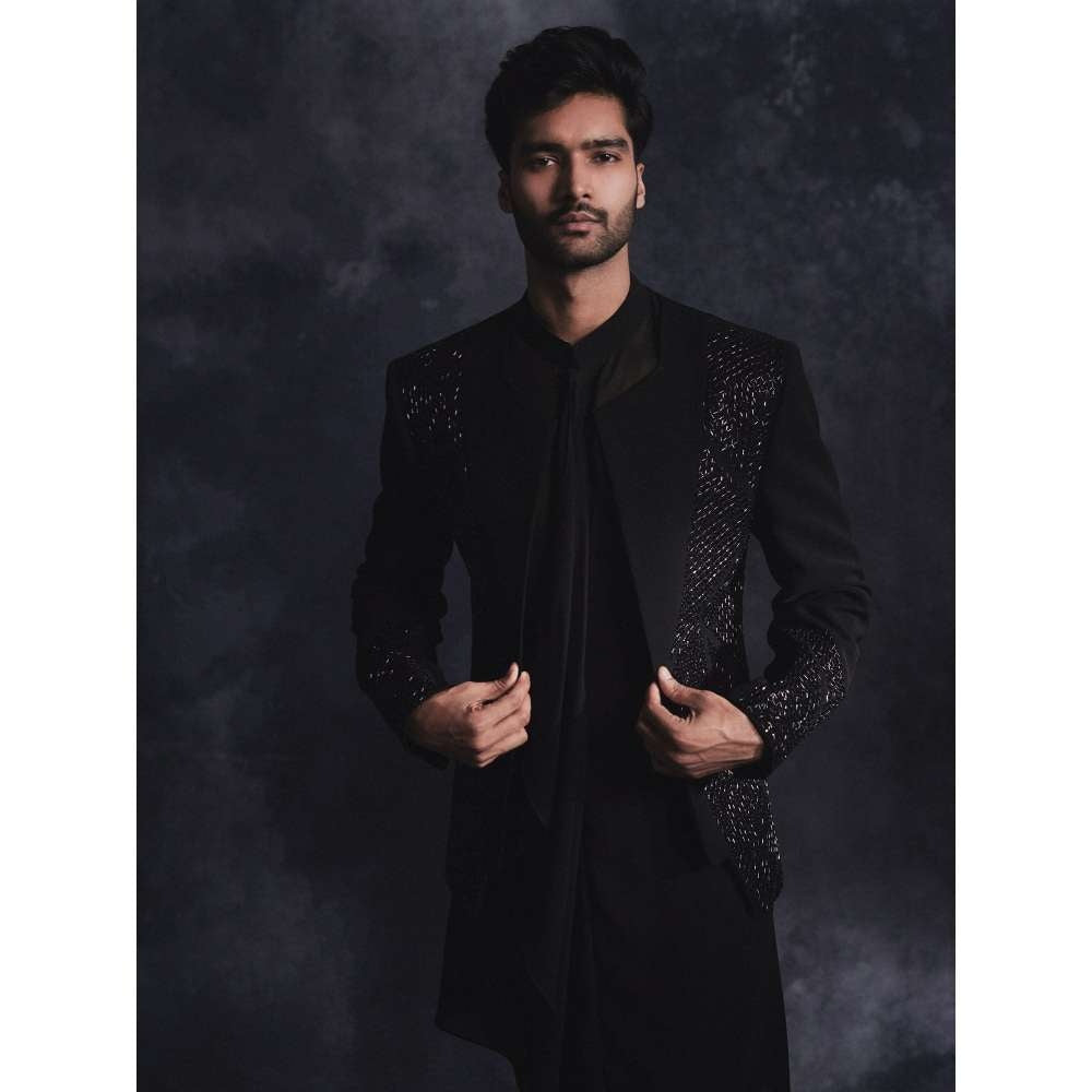 Varun Chakkilam Ebony Black Metallic Open Jacket and Kurta with Trouser (Set of 3)