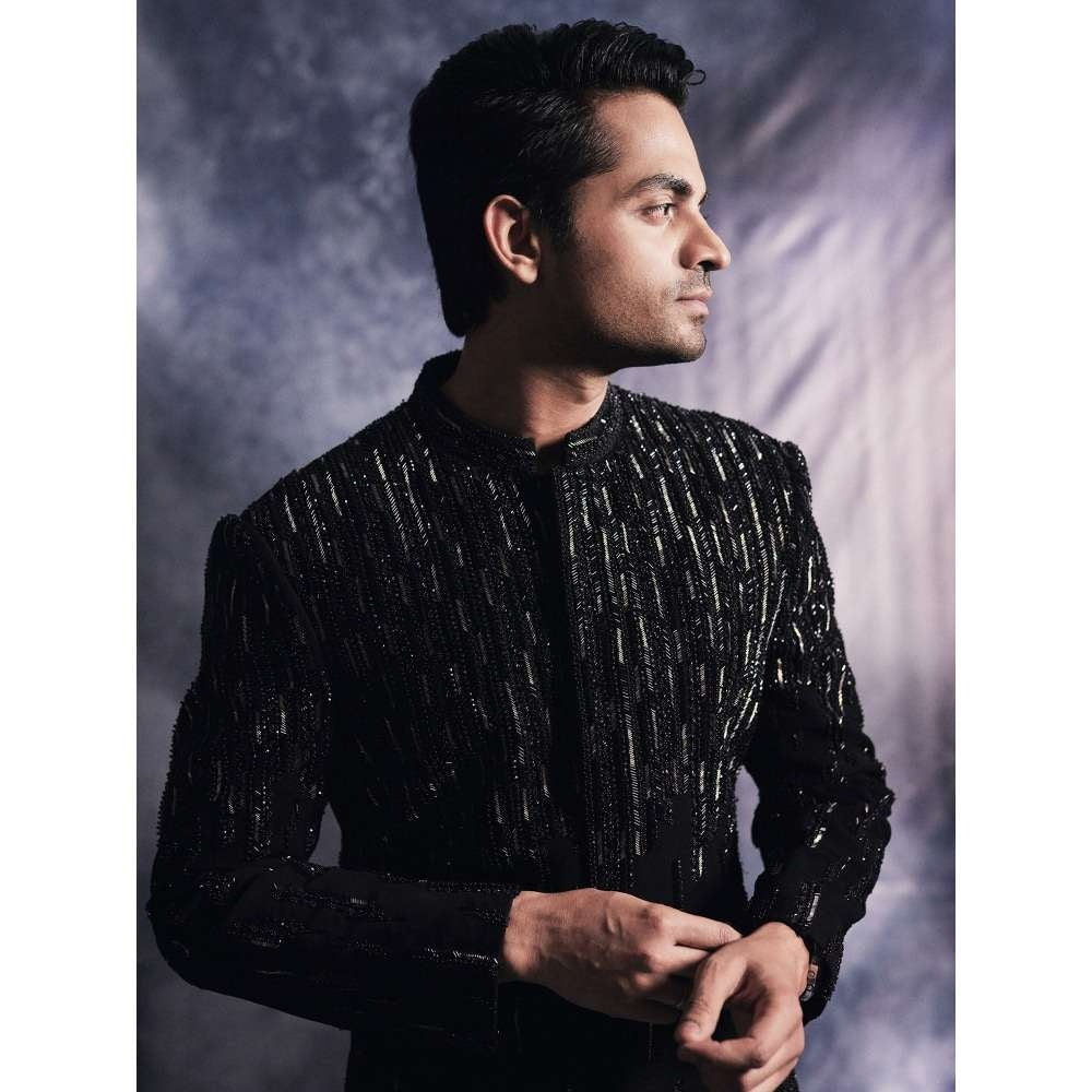 Varun Chakkilam Ebony Black Lines Sherwani and Trouser (Set of 2)