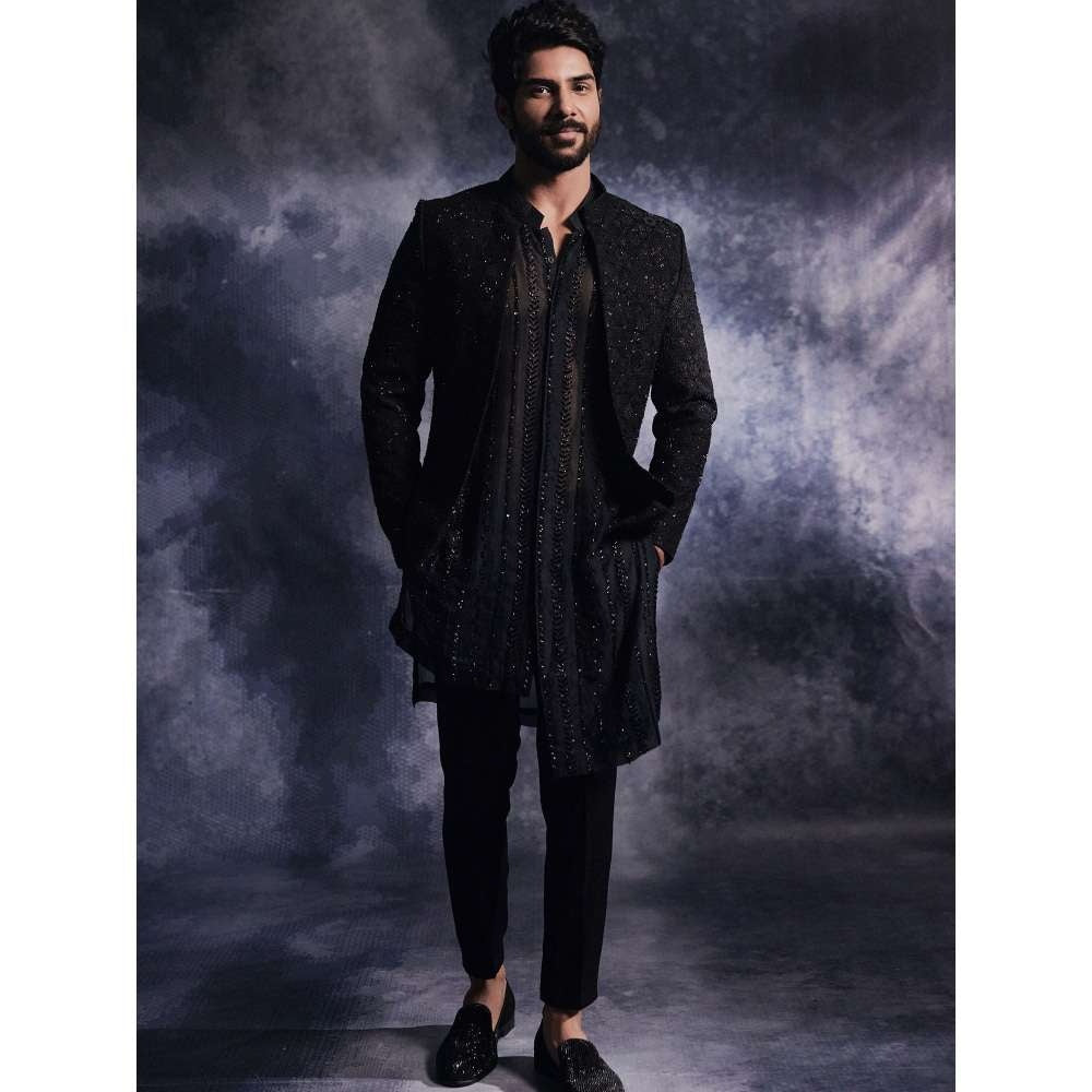 Varun Chakkilam Ebony Black Anchor Open Jacket and Kurta with
