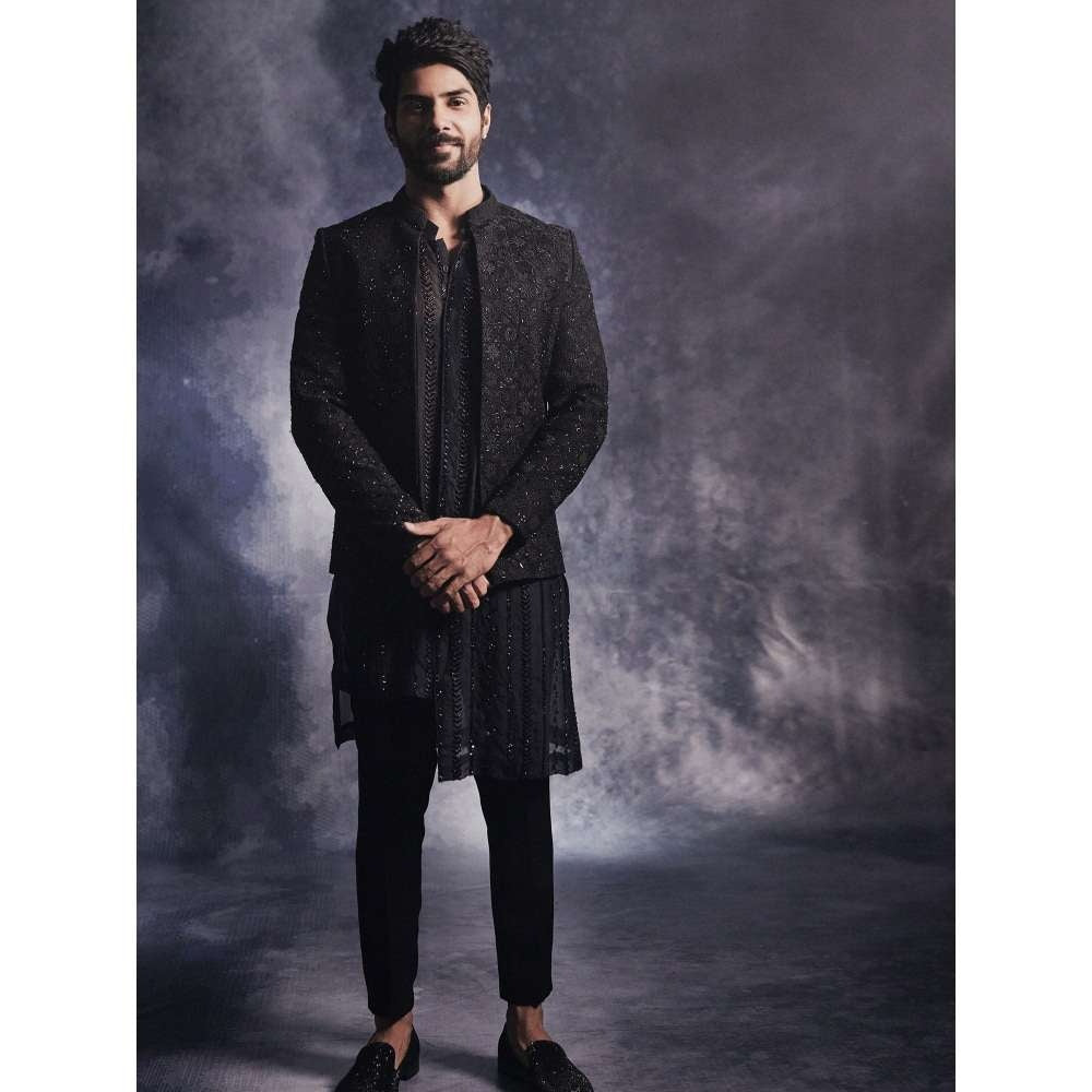 Varun Chakkilam Ebony Black Anchor Open Jacket and Kurta with Trouser (Set of 3)