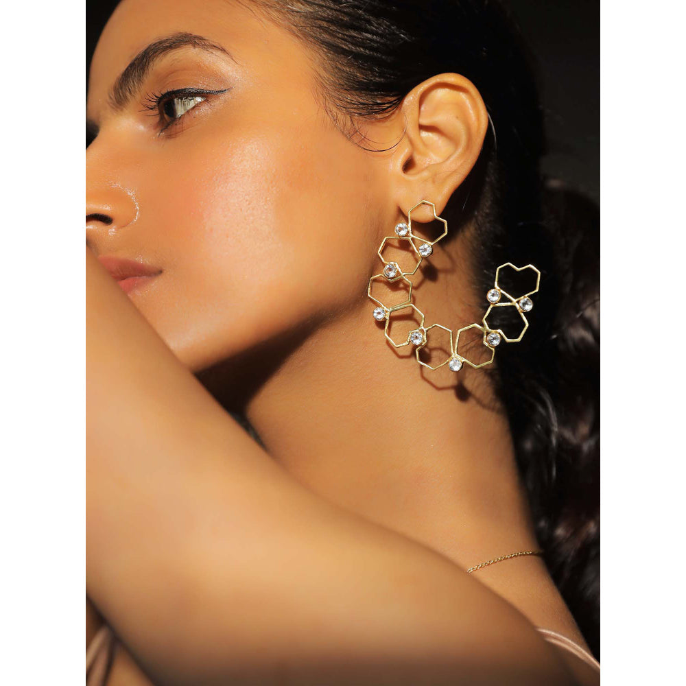 VARNIKA ARORA Arc-22K Gold Plated Rock Crystal Heart Hoops Earrings