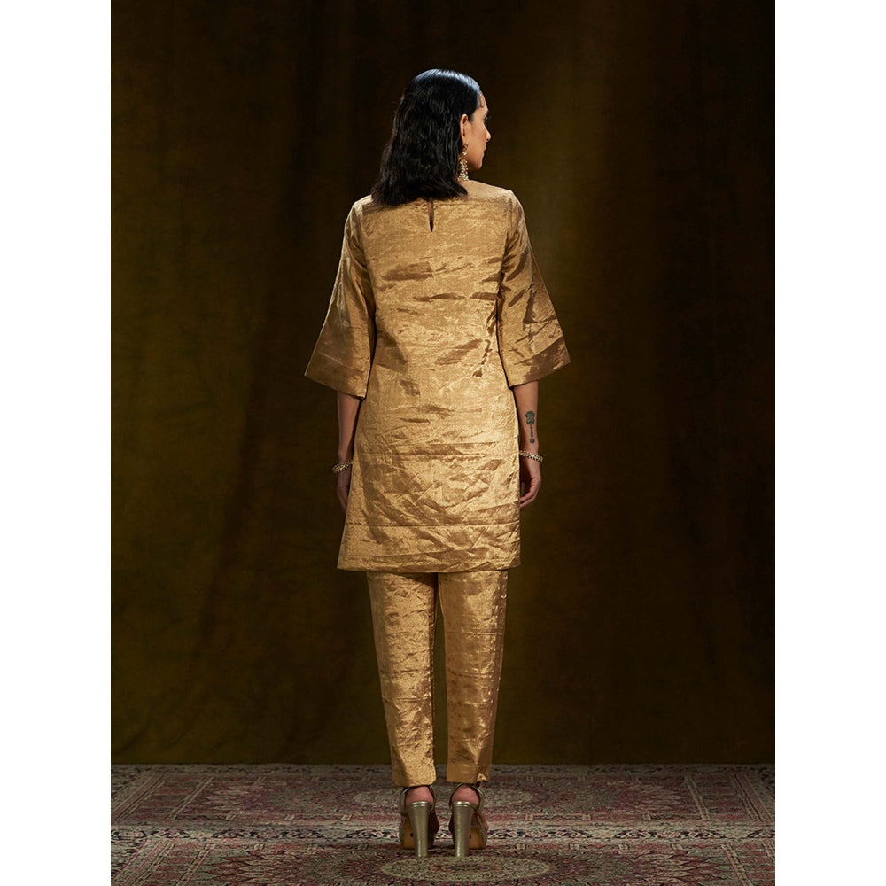 WeaverStory Gold Silk Tissue Short Kurta And Pants (Set of 2)