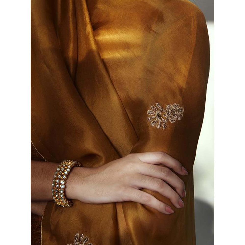 WeaverStory Embroidered Raw Silk Suit In Golden Mustard Color With Embroidery (Set of 3)
