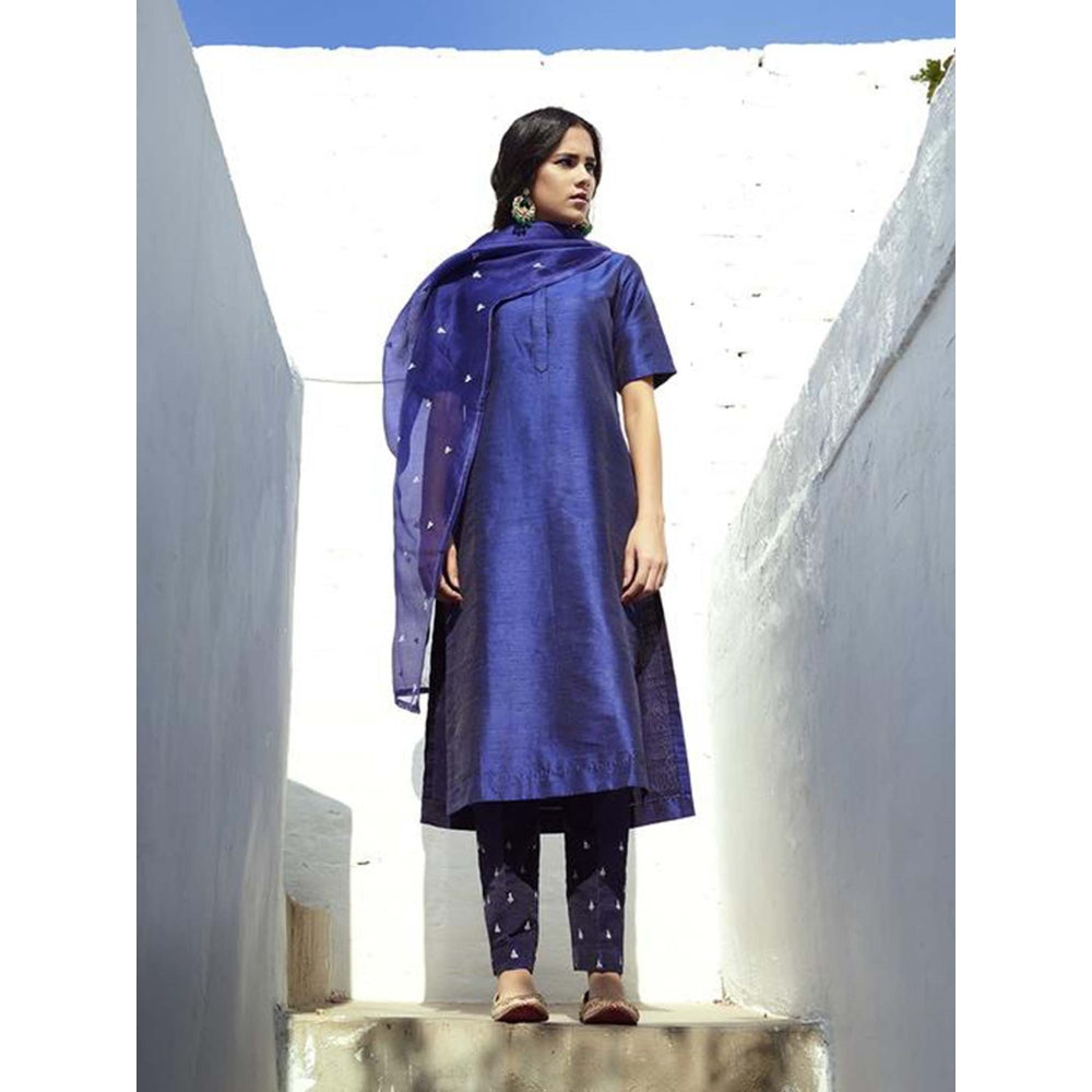 WeaverStory Hand Embroidered Raw Silk Suit In Navy Blue With Dupatta And Silk Pants (Set of 3)