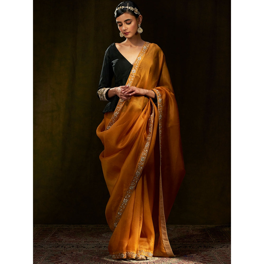 WeaverStory Mustard Hand Embroidered Organza Saree With Zardozi Border