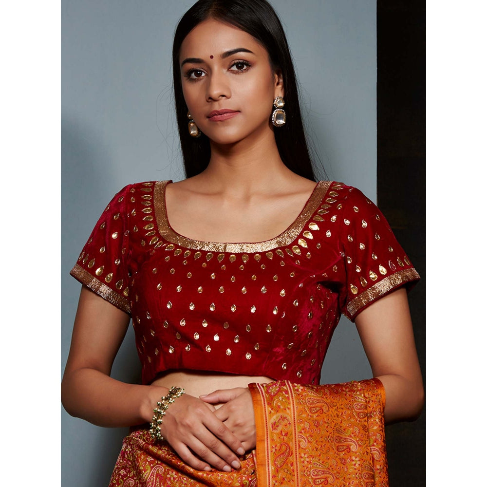 WeaverStory Red Velvet Blouse with Gota Work
