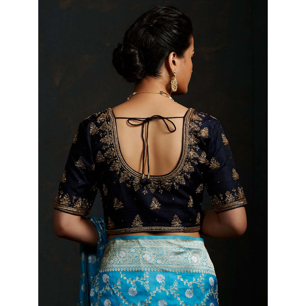 WeaverStory Black Raw Silk Blouse with Zardozi Embroidery