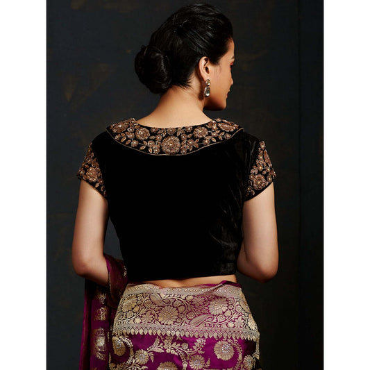 WeaverStory Black Silk Velvet Blouse with Intricate Zardozi