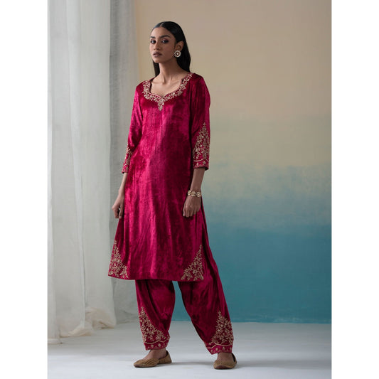 WeaverStory Maroon Pure Velvet Zardozi Kurta with Salwar and Organza Dupatta (Set of 3)