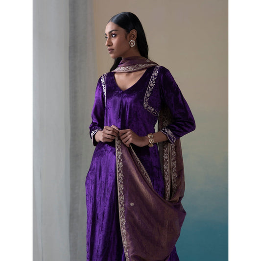 WeaverStory Purple Pure Velvet Zardozi Kurta with Farshi Pants and Tissue Dupatta (Set of 3)