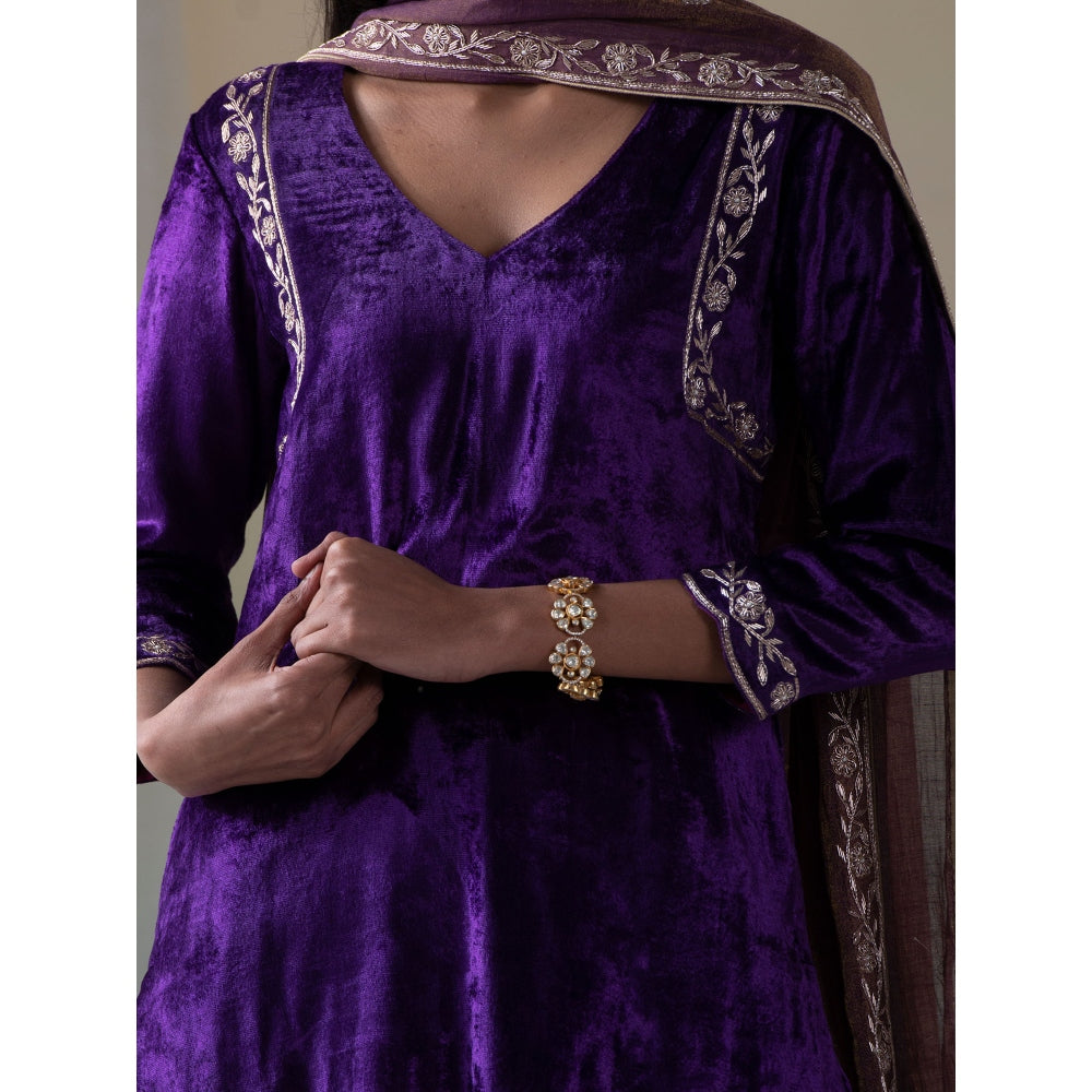 WeaverStory Purple Pure Velvet Zardozi Kurta with Farshi Pants and Tissue Dupatta (Set of 3)