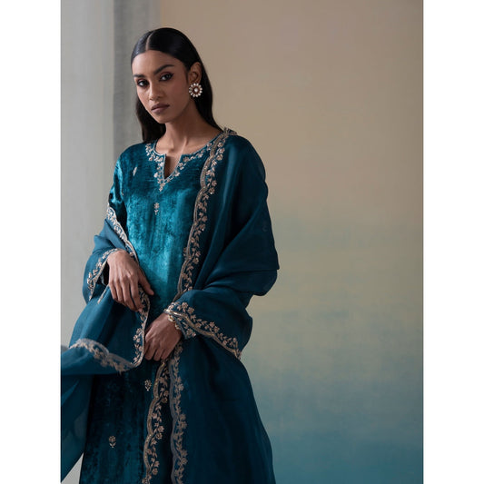 WeaverStory Teal Pure Velvet Zardozi Kurta with Farshi Pants and Organza Dupatta (Set of 3)