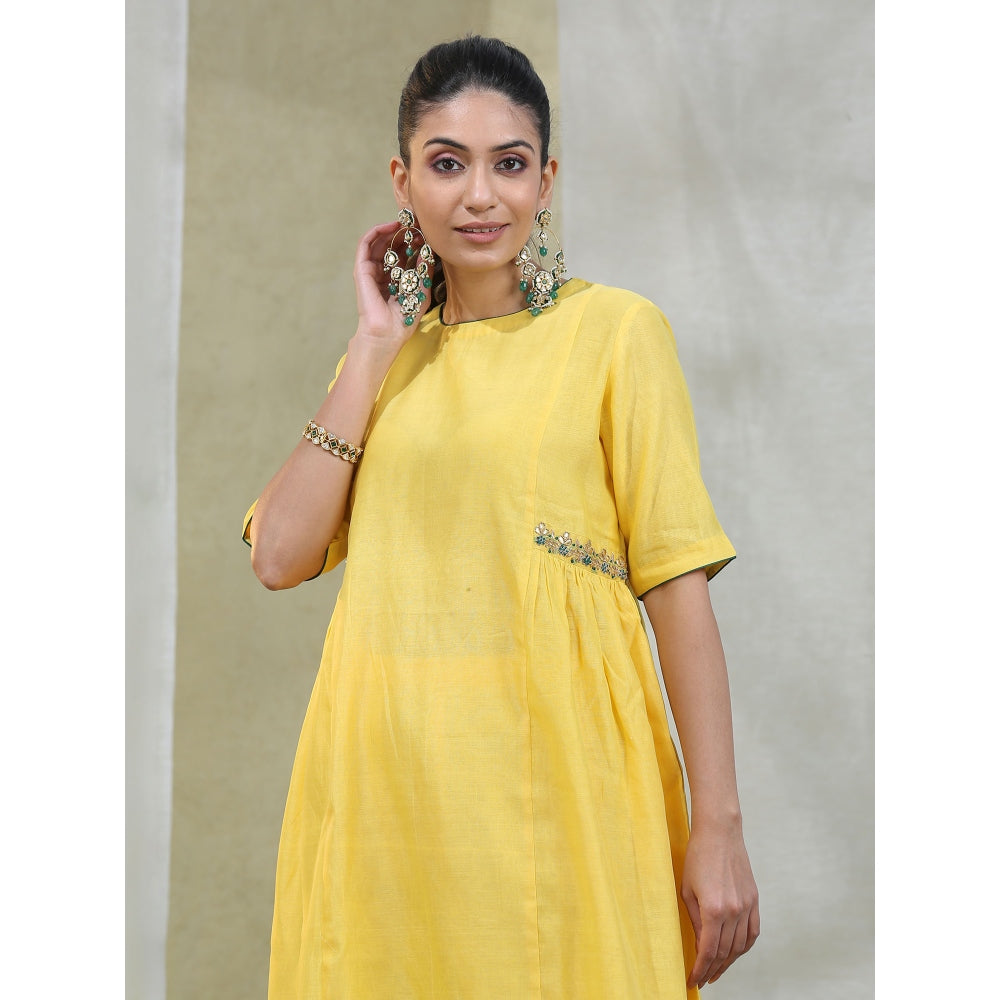 WeaverStory Yellow Handloom Chanderi Silk Suit with Sheer Dupatta (Set of 3)