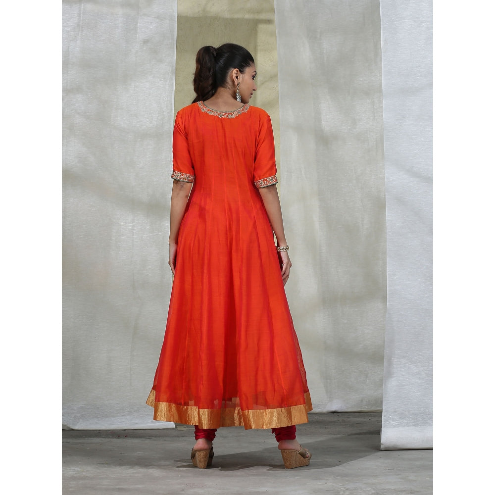 WeaverStory Orange Handloom Anarkali with Churidar and Embroidered Dupatta (Set of 3)