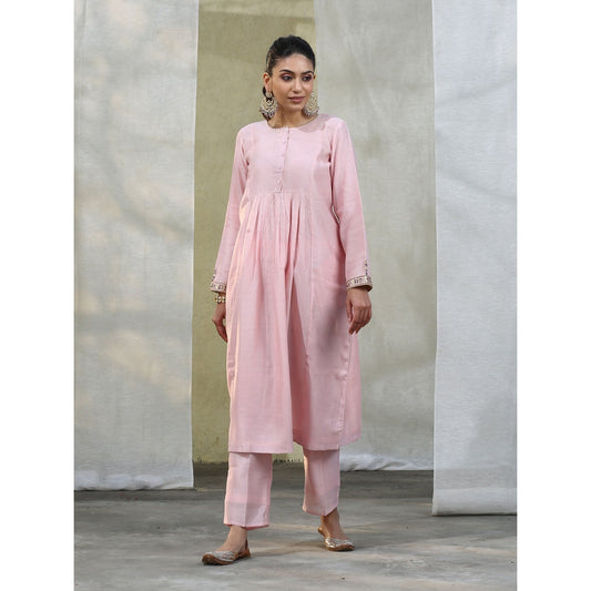 WeaverStory Handloom Baby Pink Chanderi Silk Suit with Hand Embroidery Dupatta (Set of 3)