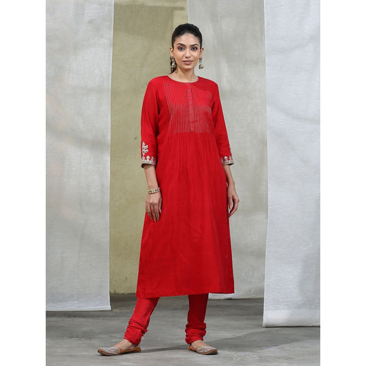 WeaverStory Red Handloom Chanderi Silk Kurta with Churidar and Dupatta (Set of 3)